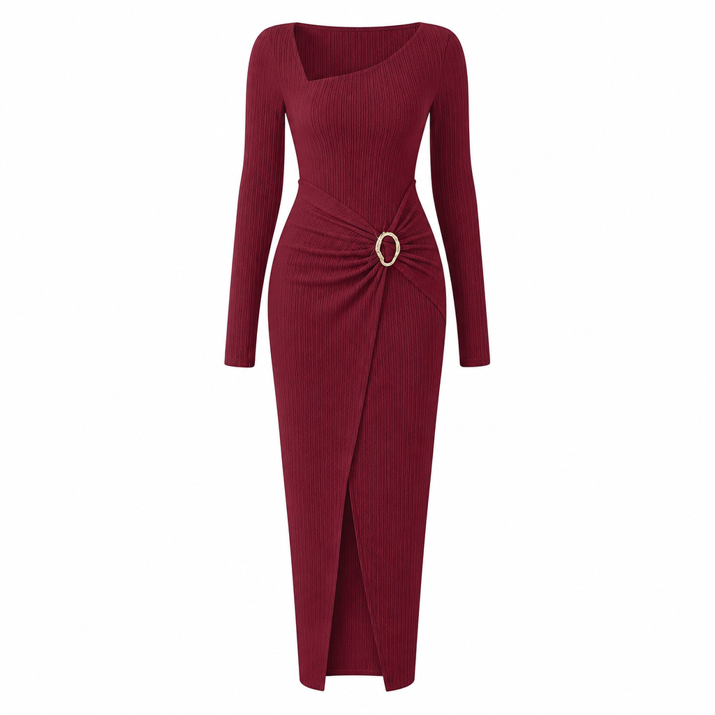 Robe longue en maille texturée unisexe pour femme, col irrégulier, automne-hiver