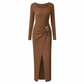 Robe longue en maille texturée unisexe pour femme, col irrégulier, automne-hiver