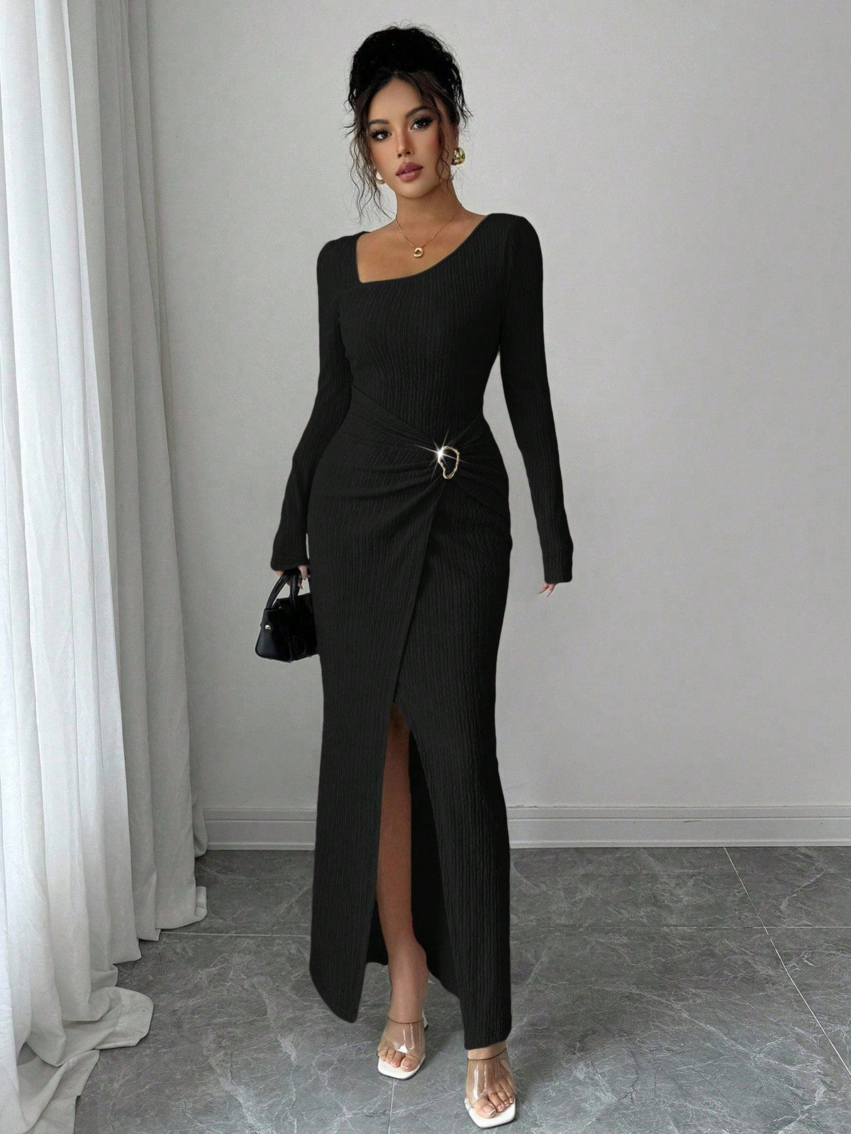 Robe longue en maille texturée unisexe pour femme, col irrégulier, automne-hiver