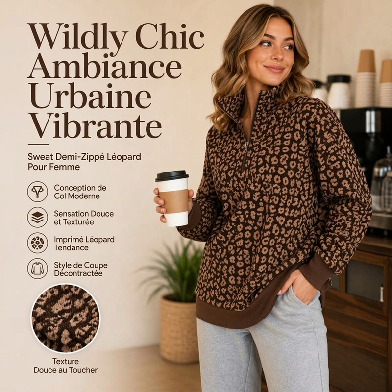 Sweat à col demi-zèbre pour femme à imprimé léopard