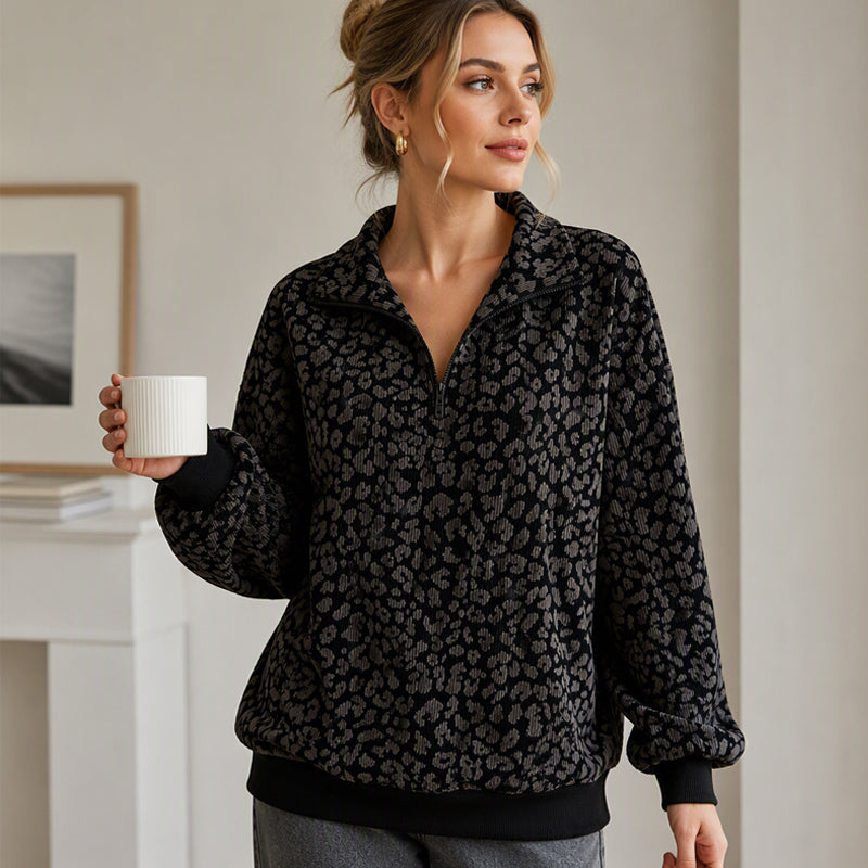 Sweat à col demi-zèbre pour femme à imprimé léopard