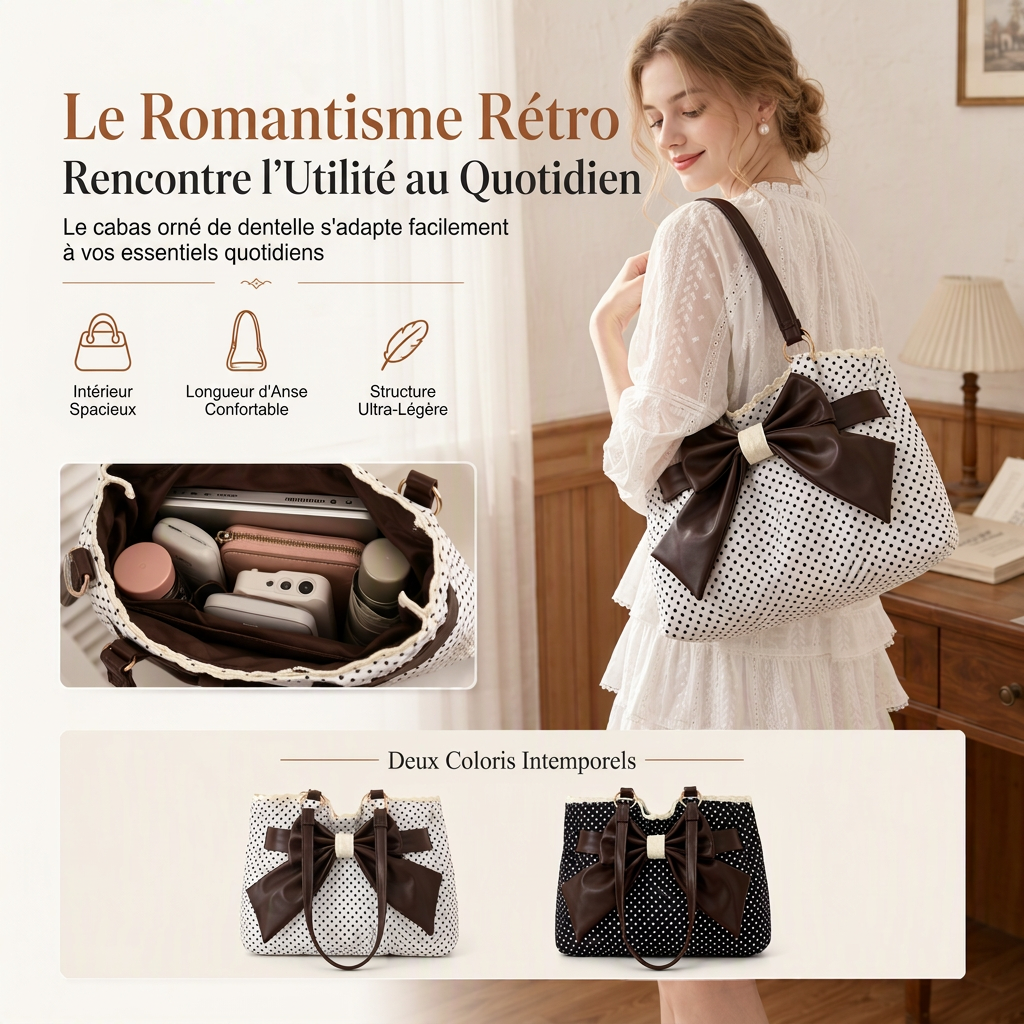 Sac à bandoulière sous le bras pour femmes à grands motifs à pois, avec nœud en dentelle, sac de travail élégant et polyvalent