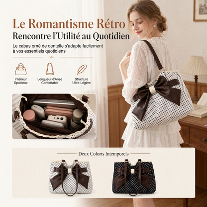 Sac à bandoulière sous le bras pour femmes à grands motifs à pois, avec nœud en dentelle, sac de travail élégant et polyvalent
