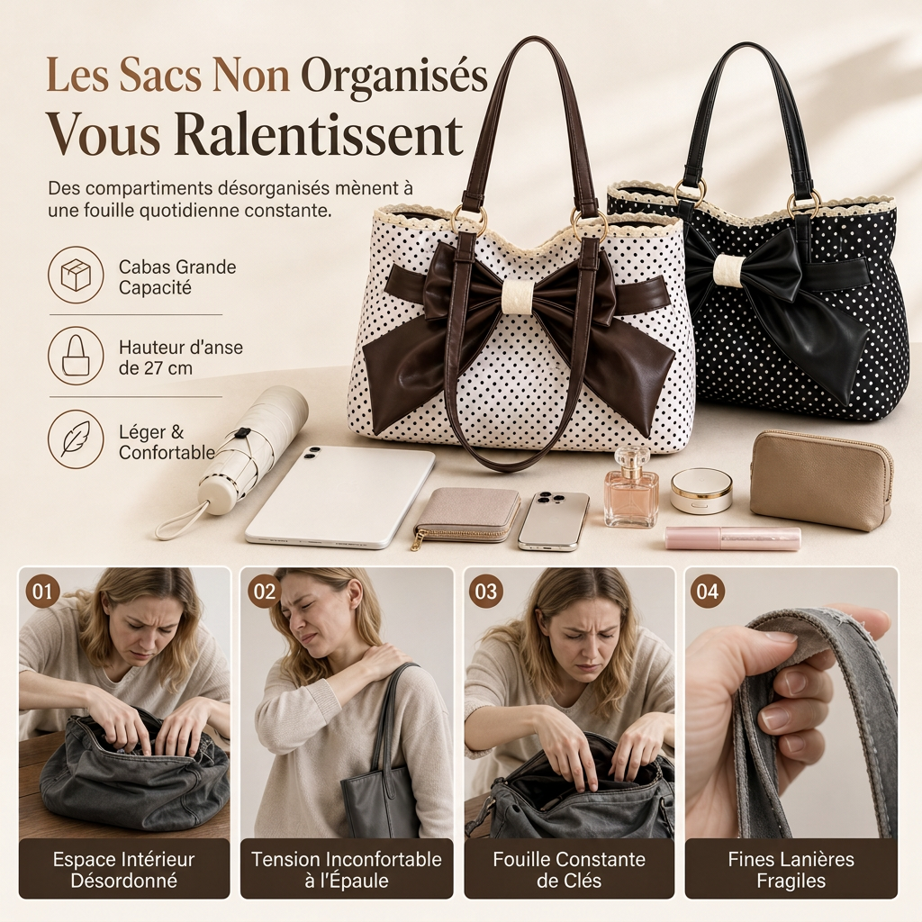Sac à bandoulière sous le bras pour femmes à grands motifs à pois, avec nœud en dentelle, sac de travail élégant et polyvalent