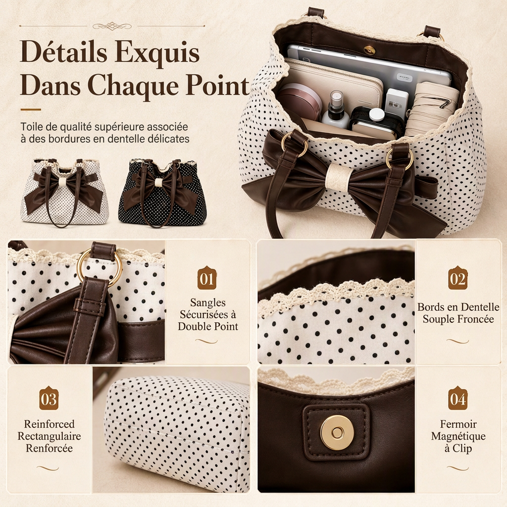Sac à bandoulière sous le bras pour femmes à grands motifs à pois, avec nœud en dentelle, sac de travail élégant et polyvalent