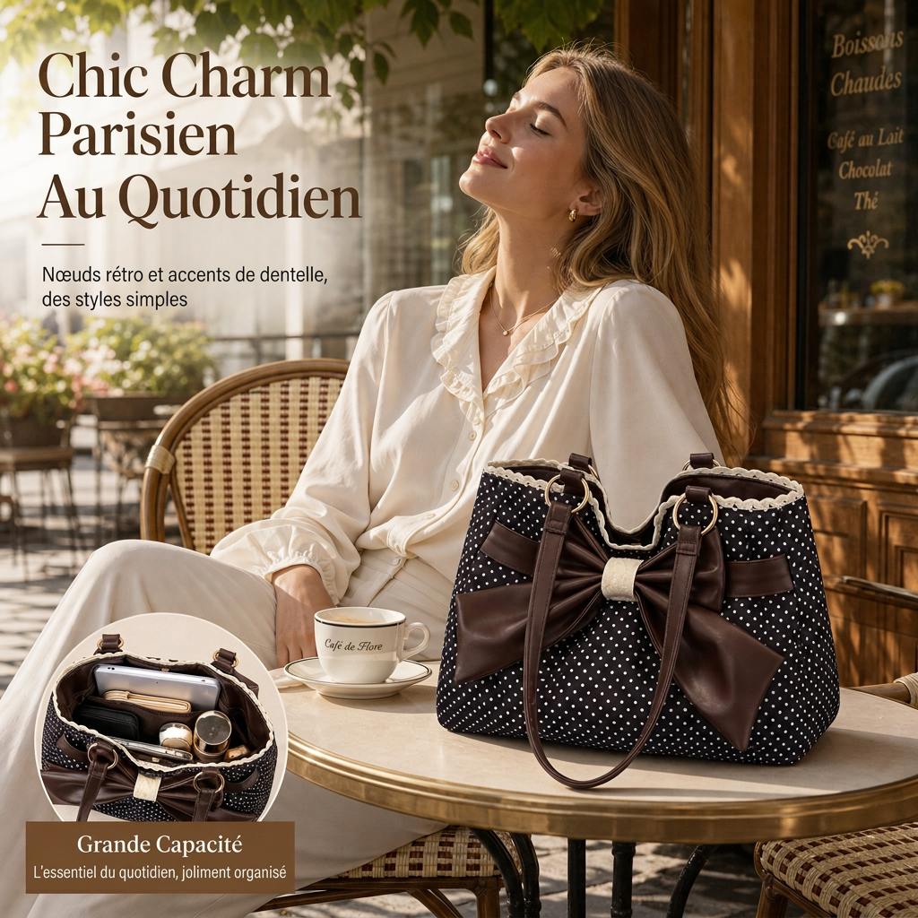 Sac à bandoulière sous le bras pour femmes à grands motifs à pois, avec nœud en dentelle, sac de travail élégant et polyvalent