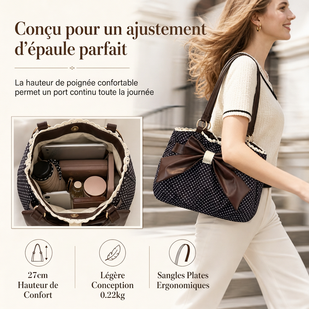 Sac à bandoulière sous le bras pour femmes à grands motifs à pois, avec nœud en dentelle, sac de travail élégant et polyvalent