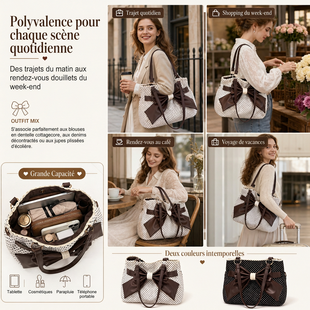Sac à bandoulière sous le bras pour femmes à grands motifs à pois, avec nœud en dentelle, sac de travail élégant et polyvalent