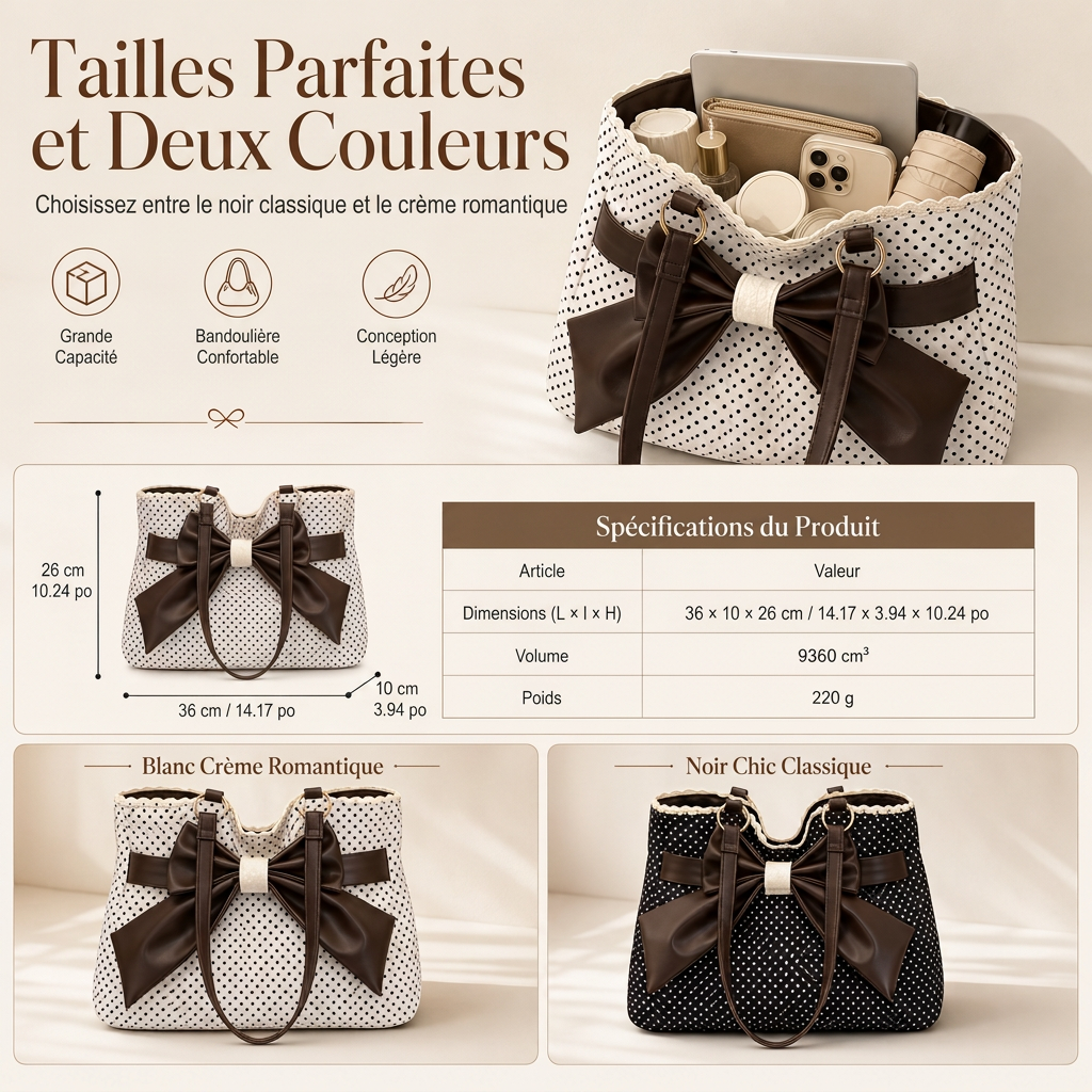 Sac à bandoulière sous le bras pour femmes à grands motifs à pois, avec nœud en dentelle, sac de travail élégant et polyvalent