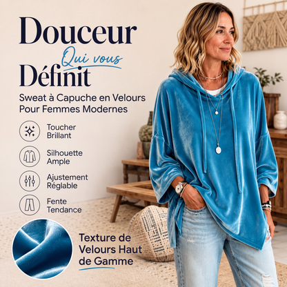 Sweat-shirt à col en V en velours à coupe ample pour femme avec cordon de serrage