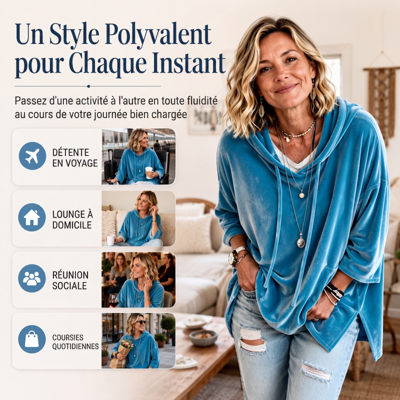Sweat-shirt à col en V en velours à coupe ample pour femme avec cordon de serrage