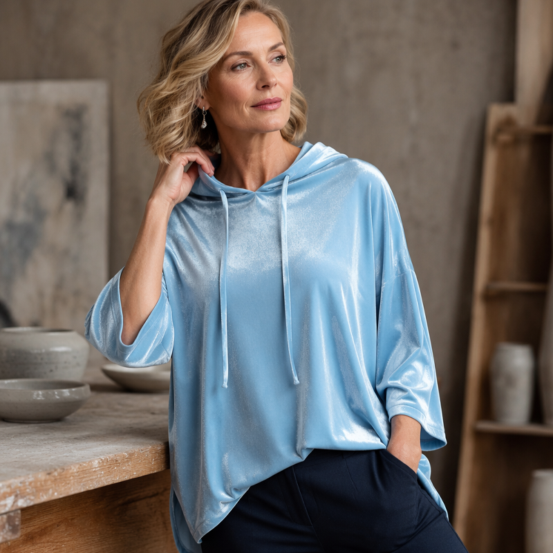 Sweat-shirt à col en V en velours à coupe ample pour femme avec cordon de serrage