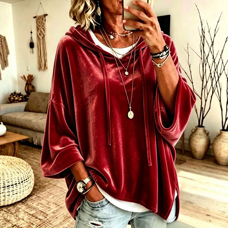 Sweat-shirt à col en V en velours à coupe ample pour femme avec cordon de serrage