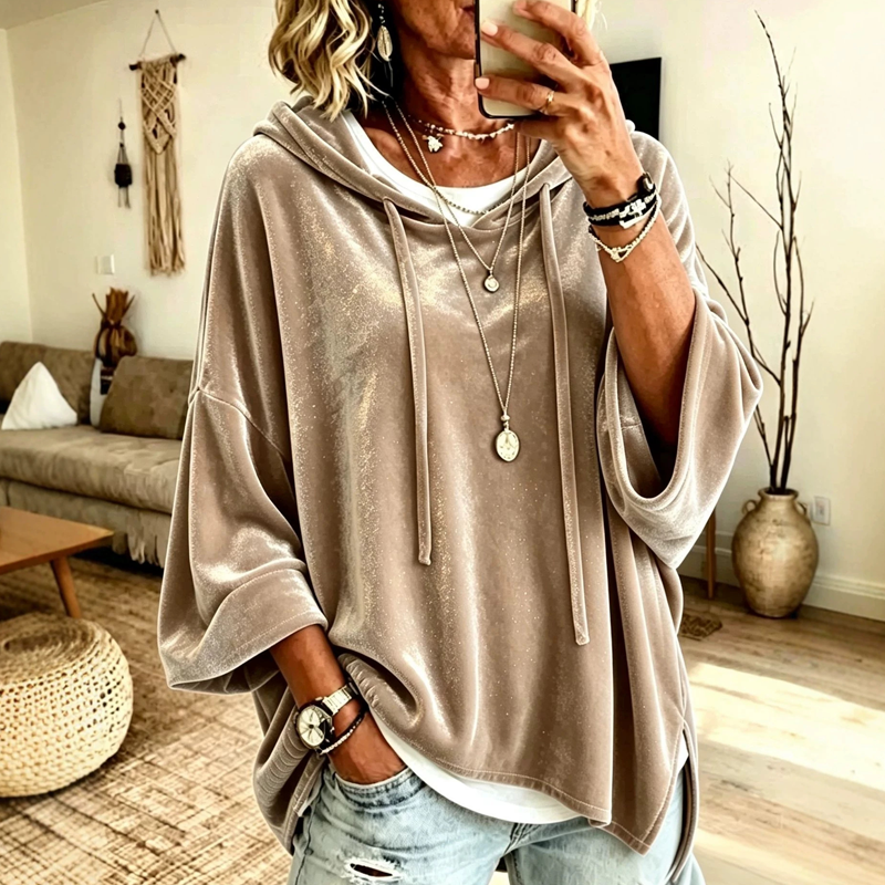 Sweat-shirt à col en V en velours à coupe ample pour femme avec cordon de serrage