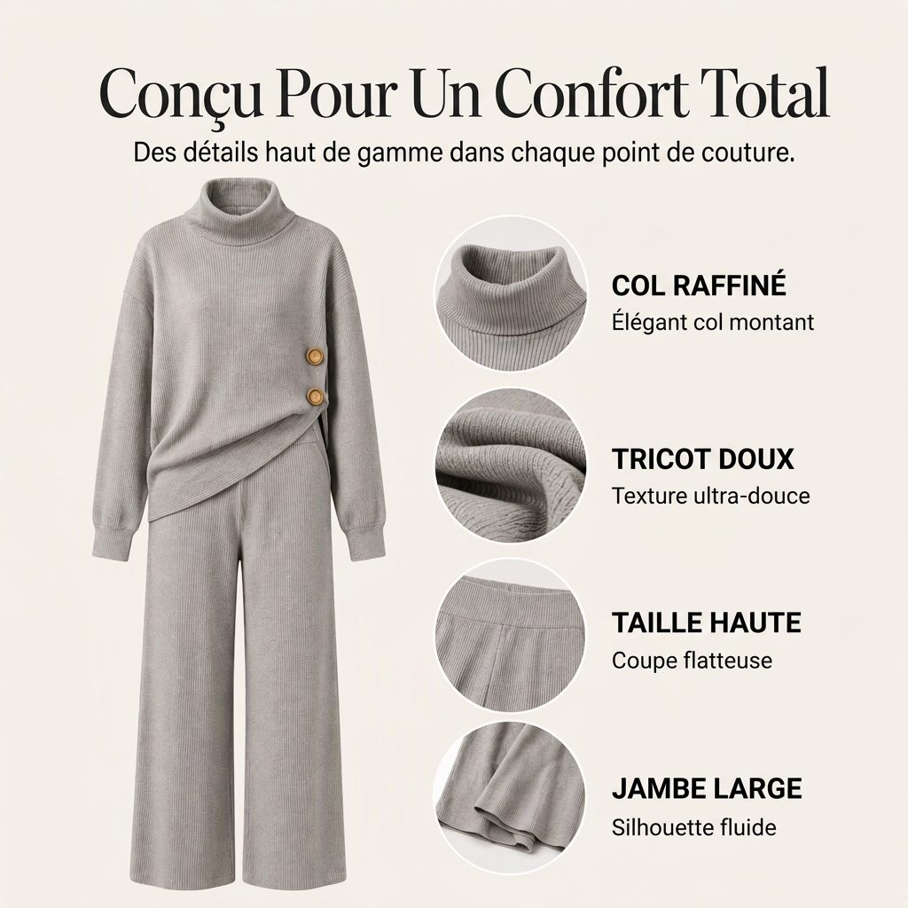 Ensemble femme en maille : pull col roulé et pantalon large