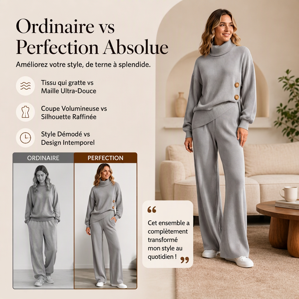 Ensemble femme en maille : pull col roulé et pantalon large