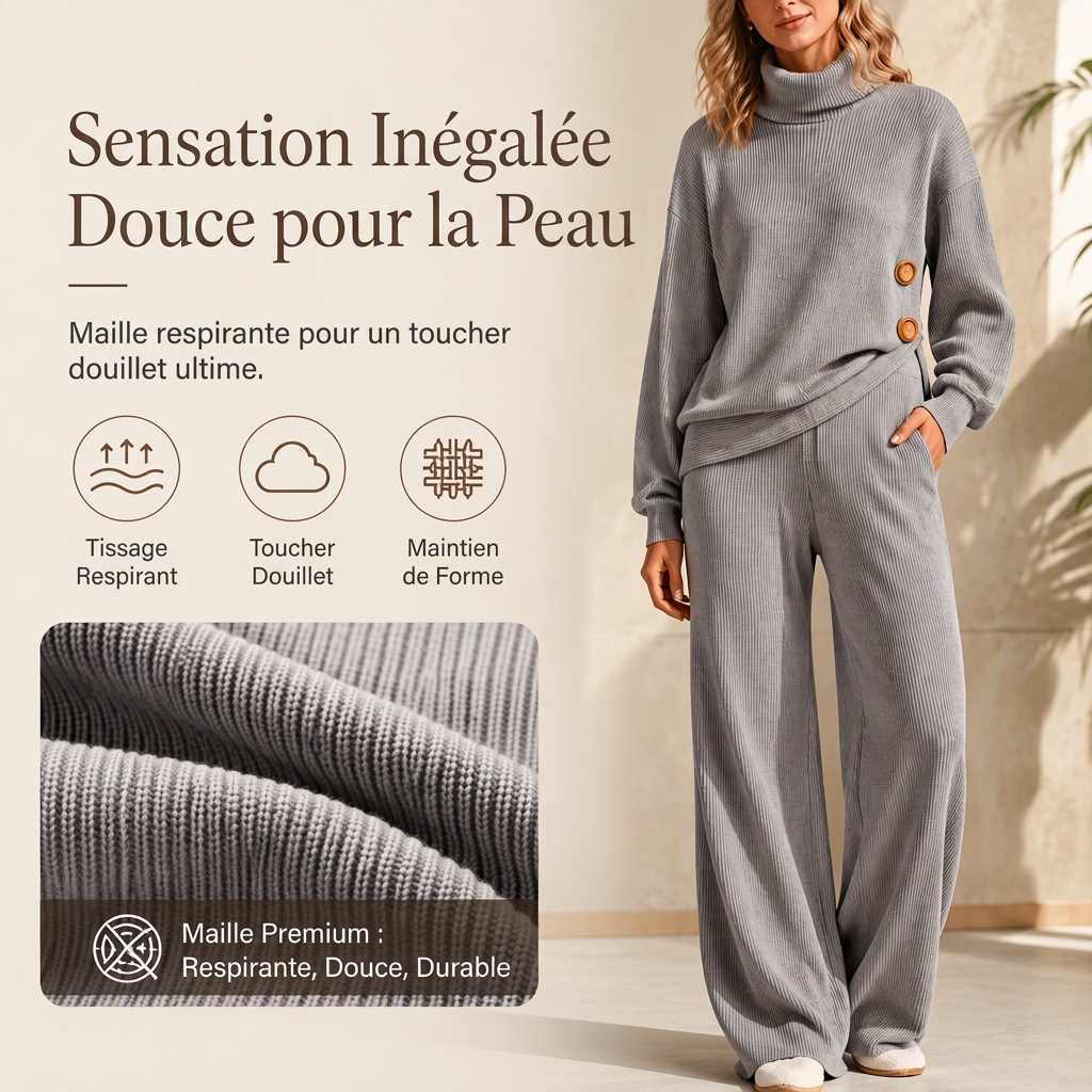 Ensemble femme en maille : pull col roulé et pantalon large
