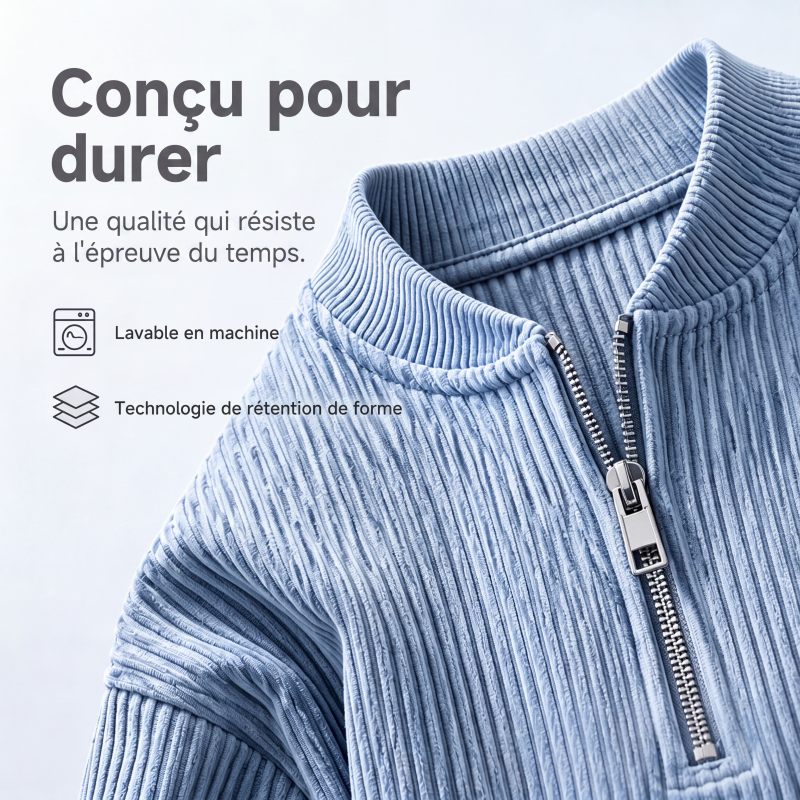 Sweat-shirt à col montant décontracté pour homme, en velours côtelé, avec quart de zip et manches longues