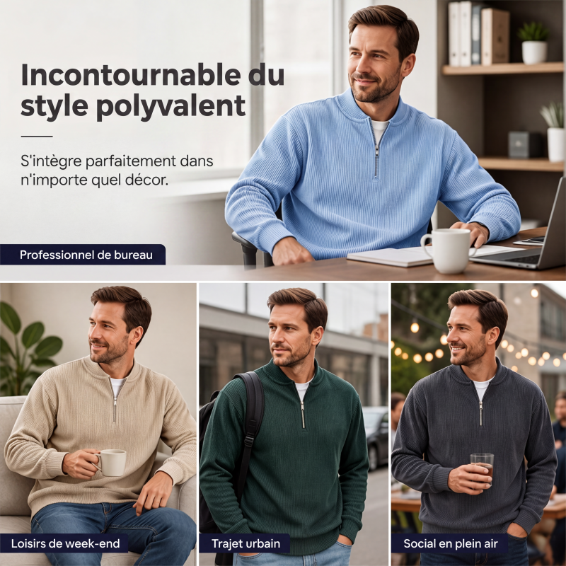 Sweat-shirt à col montant décontracté pour homme, en velours côtelé, avec quart de zip et manches longues