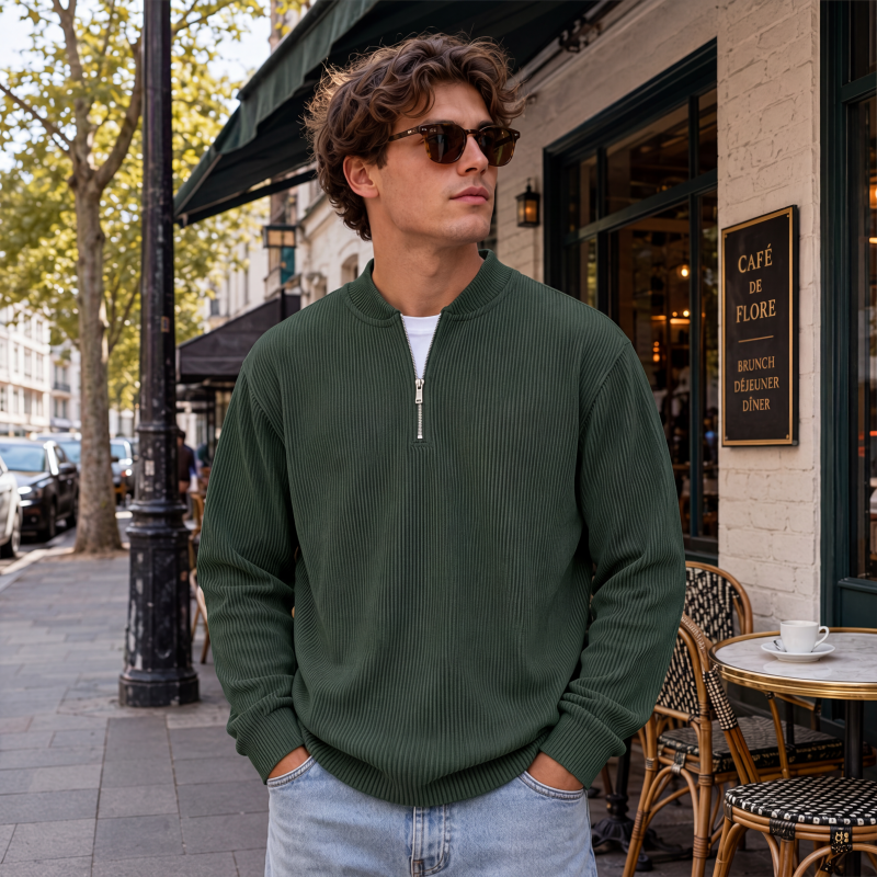Sweat-shirt à col montant décontracté pour homme, en velours côtelé, avec quart de zip et manches longues