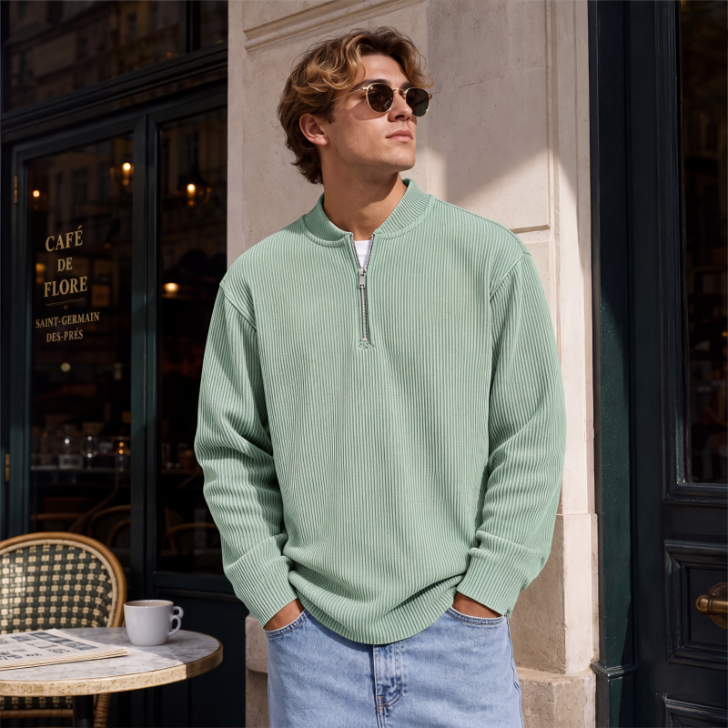 Sweat-shirt à col montant décontracté pour homme, en velours côtelé, avec quart de zip et manches longues
