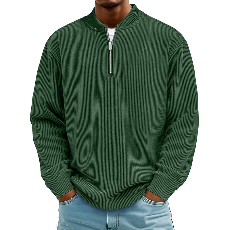 Sweat-shirt à col montant décontracté pour homme, en velours côtelé, avec quart de zip et manches longues
