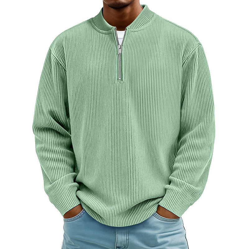 Sweat-shirt à col montant décontracté pour homme, en velours côtelé, avec quart de zip et manches longues