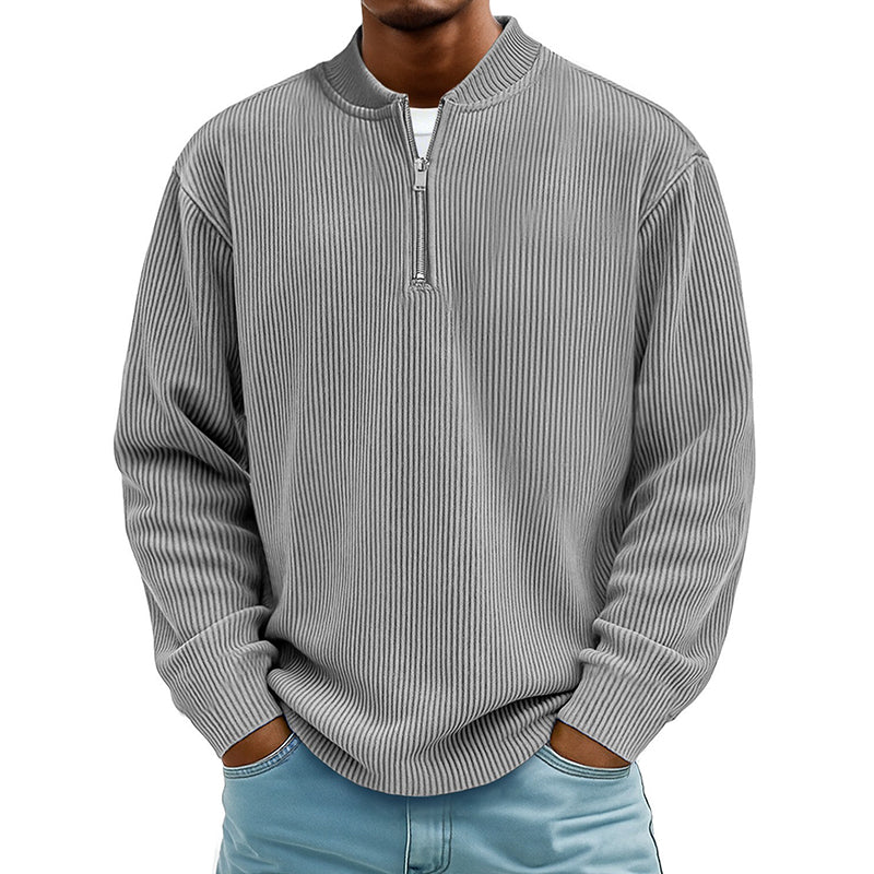 Sweat-shirt à col montant décontracté pour homme, en velours côtelé, avec quart de zip et manches longues