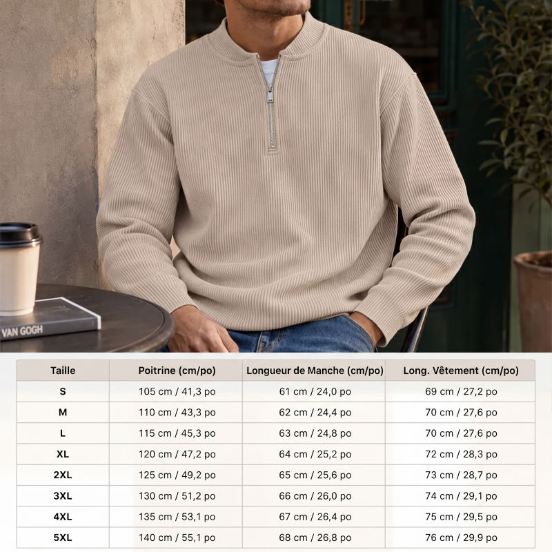 Sweat-shirt à col montant décontracté pour homme, en velours côtelé, avec quart de zip et manches longues