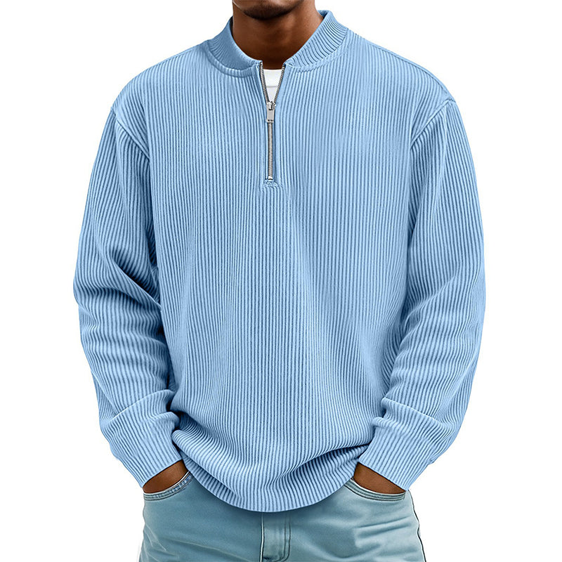 Sweat-shirt à col montant décontracté pour homme, en velours côtelé, avec quart de zip et manches longues