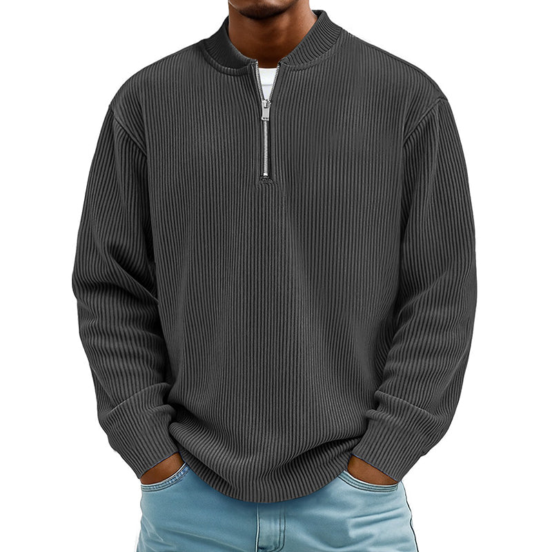 Sweat-shirt à col montant décontracté pour homme, en velours côtelé, avec quart de zip et manches longues
