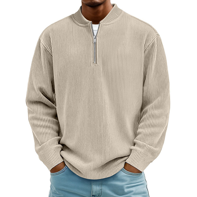 Sweat-shirt à col montant décontracté pour homme, en velours côtelé, avec quart de zip et manches longues