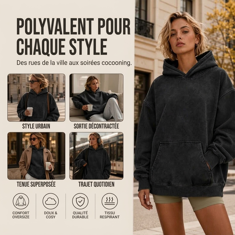 Sweat à capuche oversize unisexe à délavage acide, style décontracté