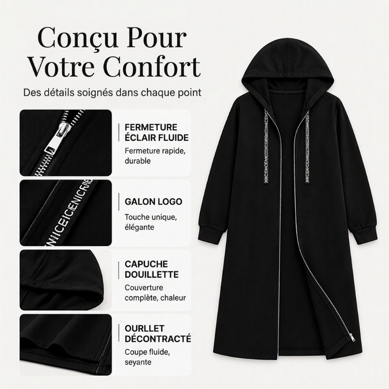 Veste à capuche zippée longue et décontractée pour femmes
