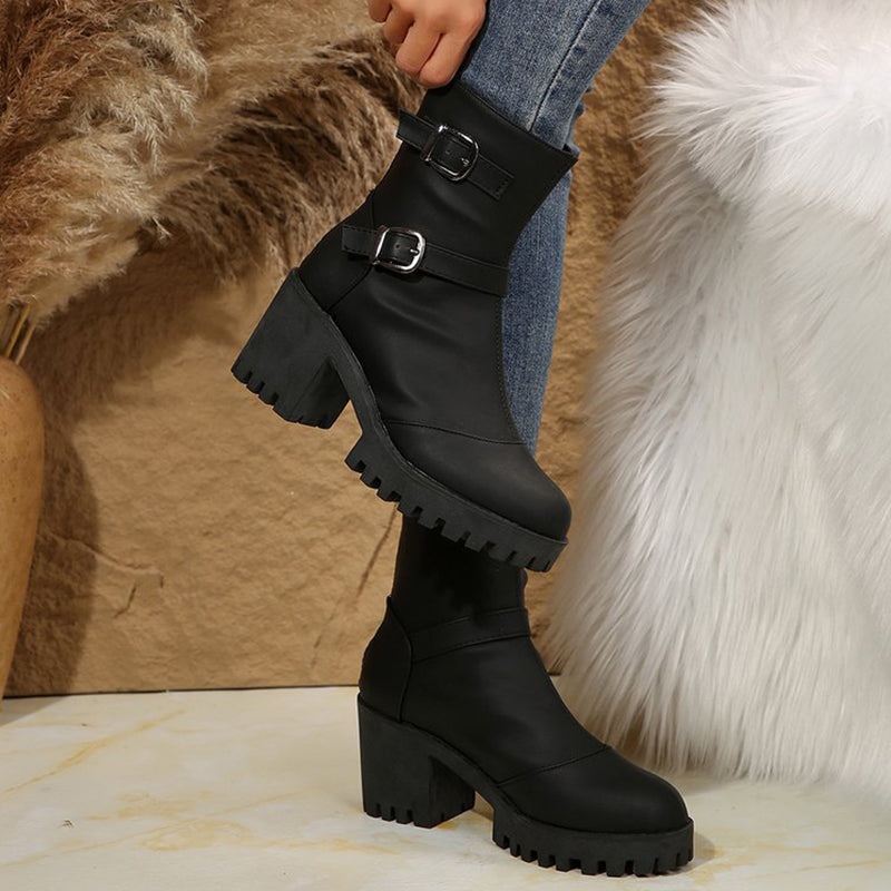Bottes mi-mollet à semelle compensée épaisse et boucle pour femme