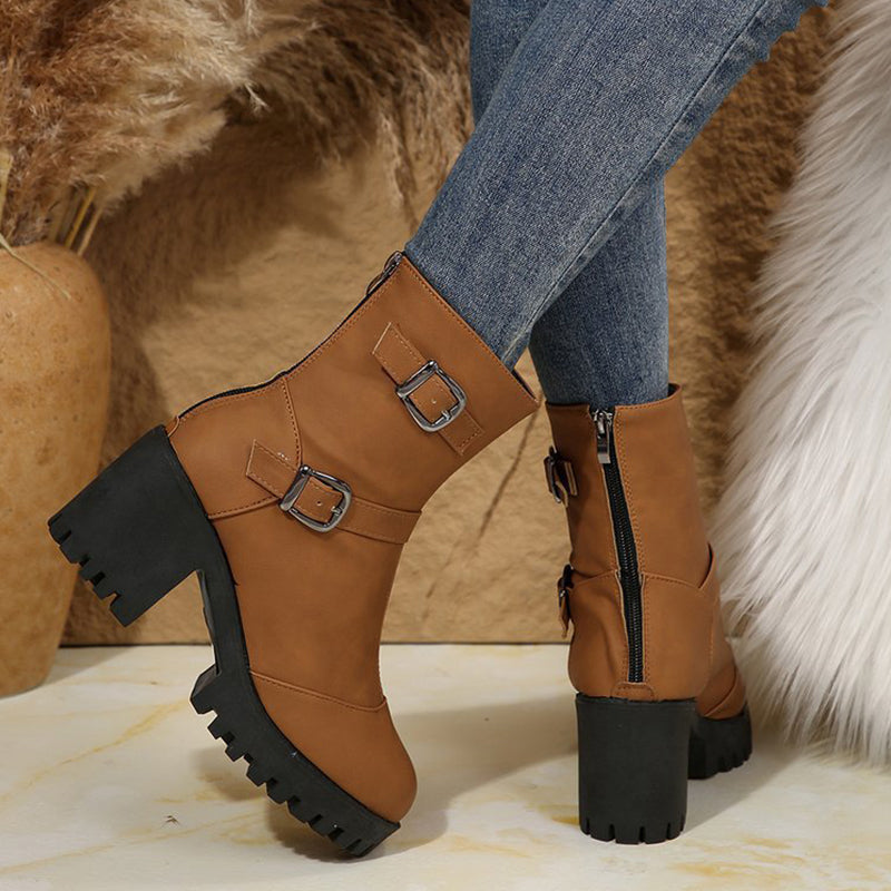 Bottes mi-mollet à semelle compensée épaisse et boucle pour femme
