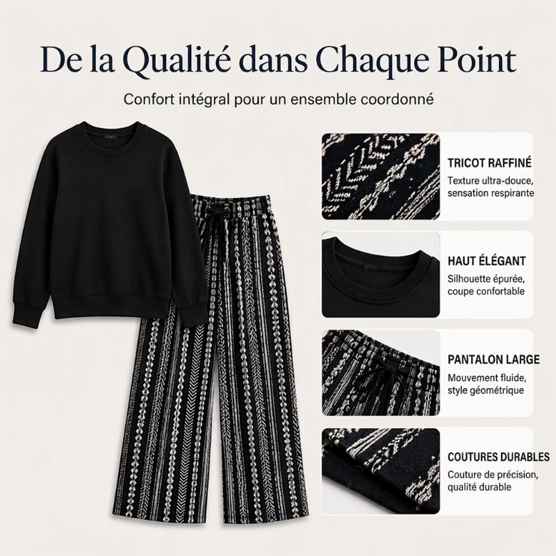 Ensemble décontracté femme : haut col rond et pantalon imprimé