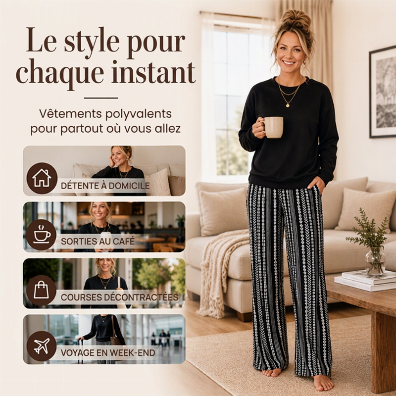 Ensemble décontracté femme : haut col rond et pantalon imprimé