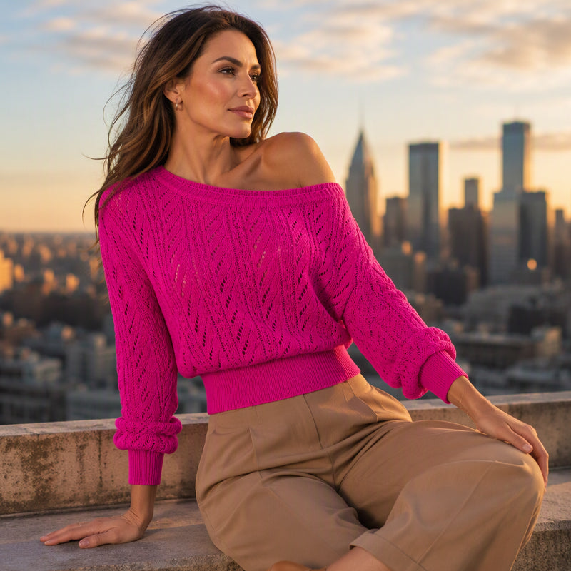 Pull en maille court épaules dénudées pour femme