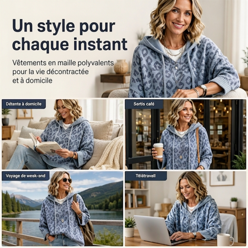 Pull à capuche en maille à imprimé léopard pour femme