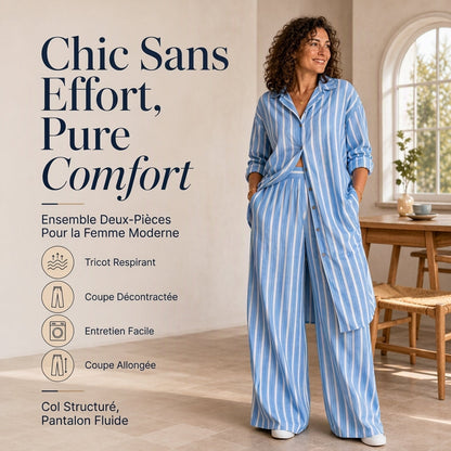 Ensemble pour femme composé d'une chemise rayée allongée et d'un pantalon à jambe large