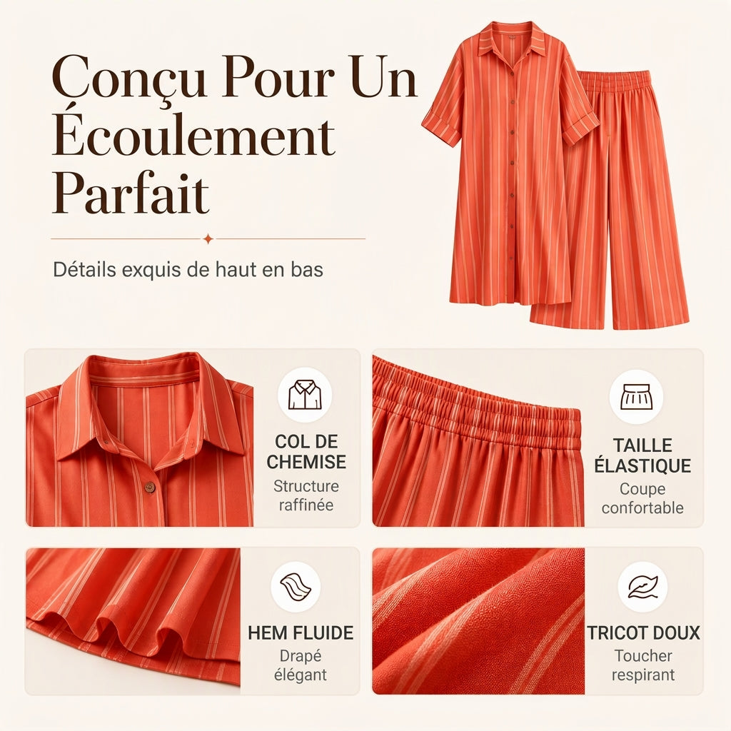 Ensemble pour femme composé d'une chemise rayée allongée et d'un pantalon à jambe large
