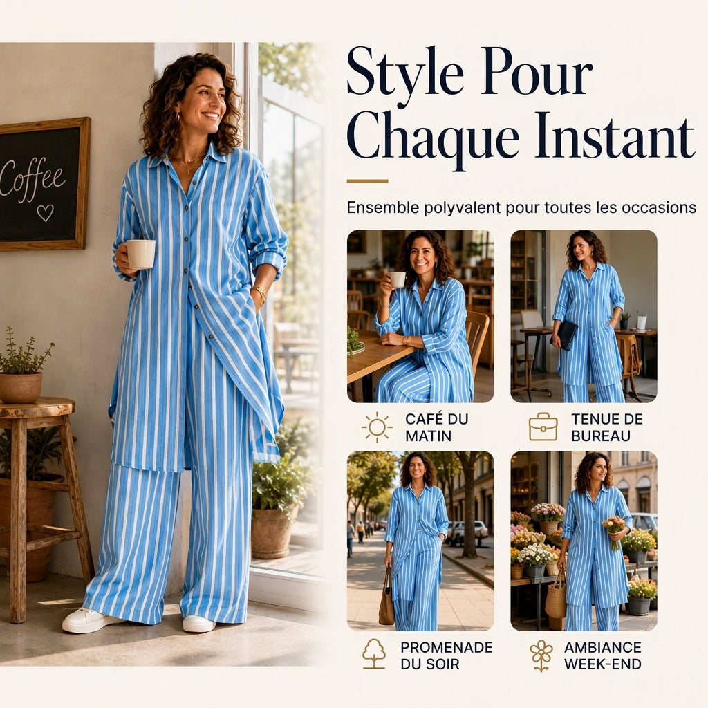 Ensemble pour femme composé d'une chemise rayée allongée et d'un pantalon à jambe large
