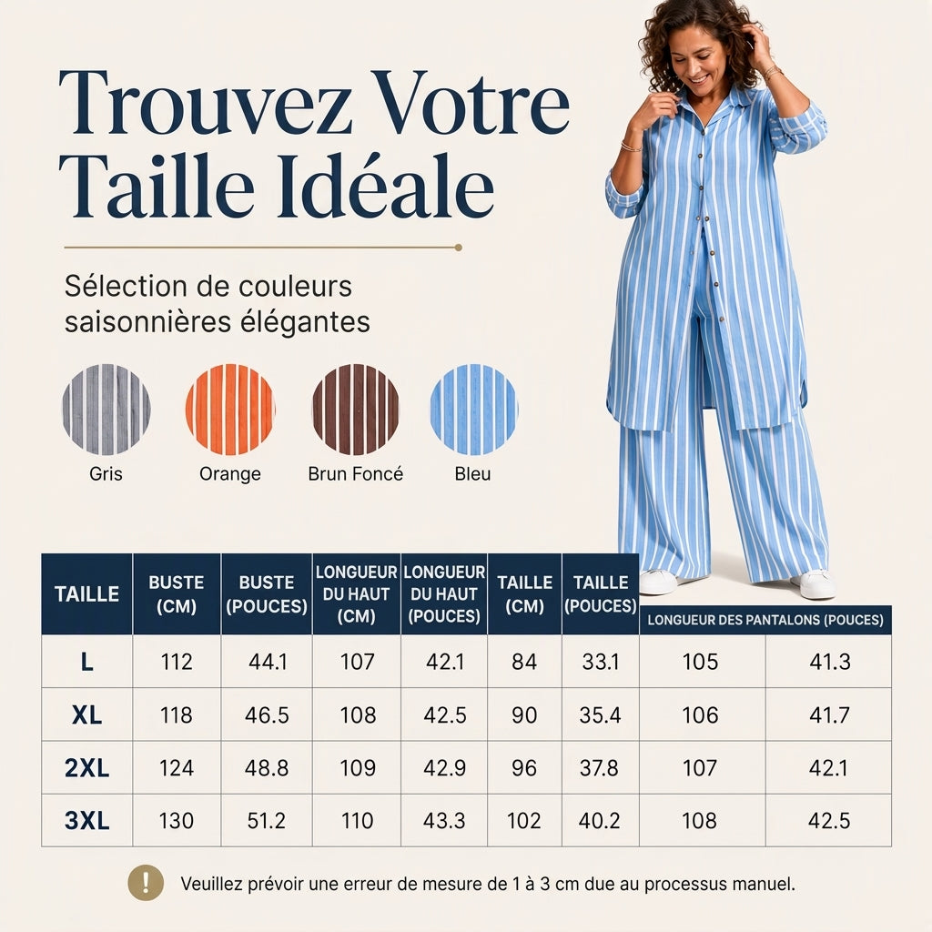 Ensemble pour femme composé d'une chemise rayée allongée et d'un pantalon à jambe large