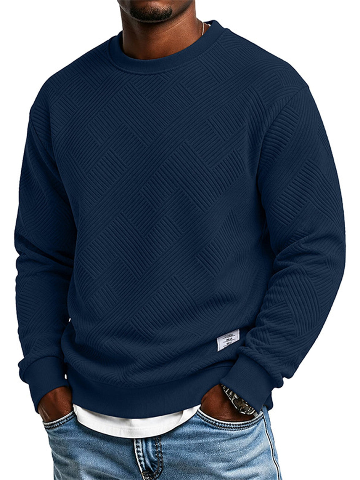 Homme Manches Longues Sweat-shirt Jacquard Col Rond Coupe Ample Épaissi Haut Automne Hiver Grande Taille