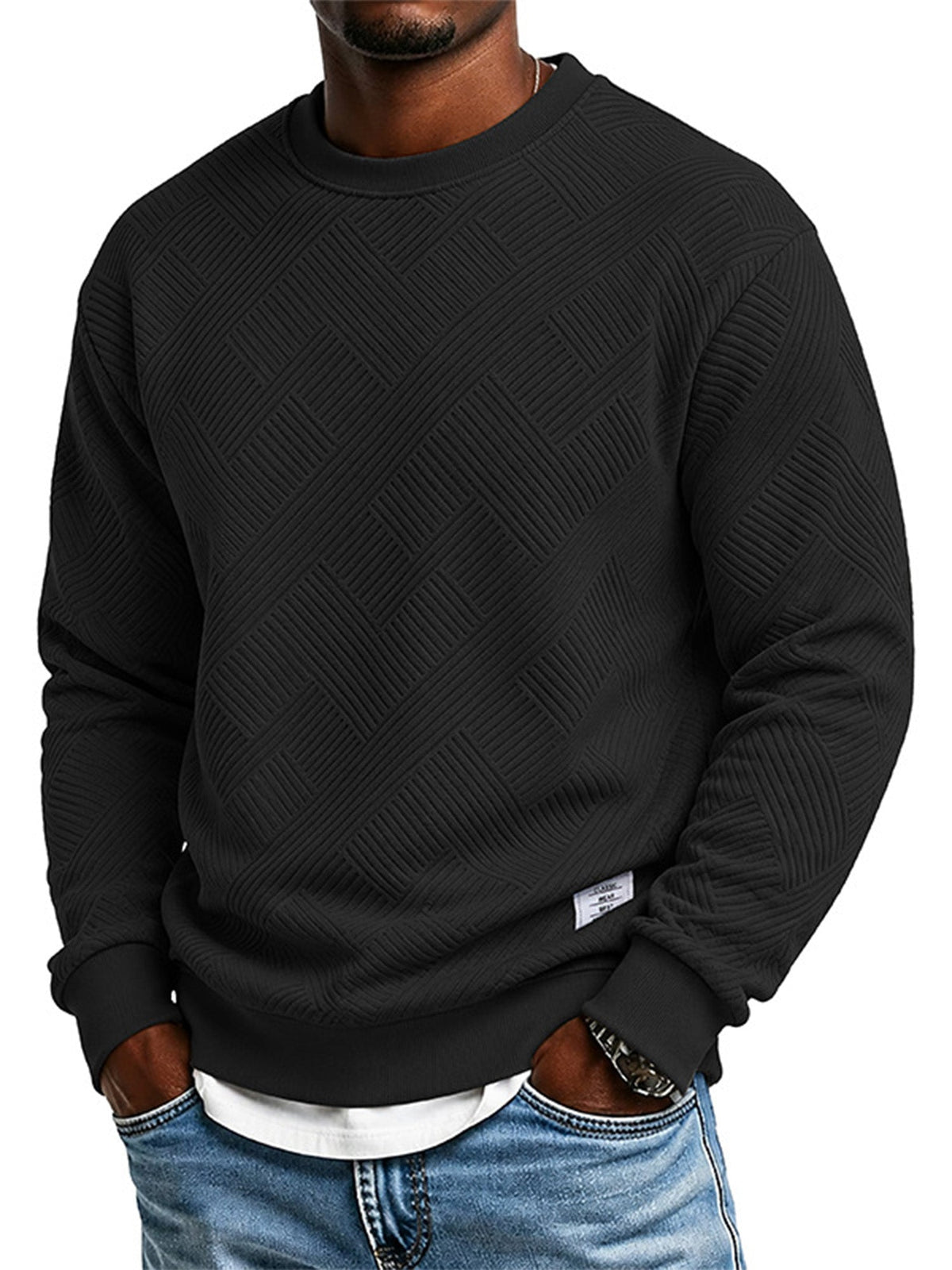 Homme Manches Longues Sweat-shirt Jacquard Col Rond Coupe Ample Épaissi Haut Automne Hiver Grande Taille