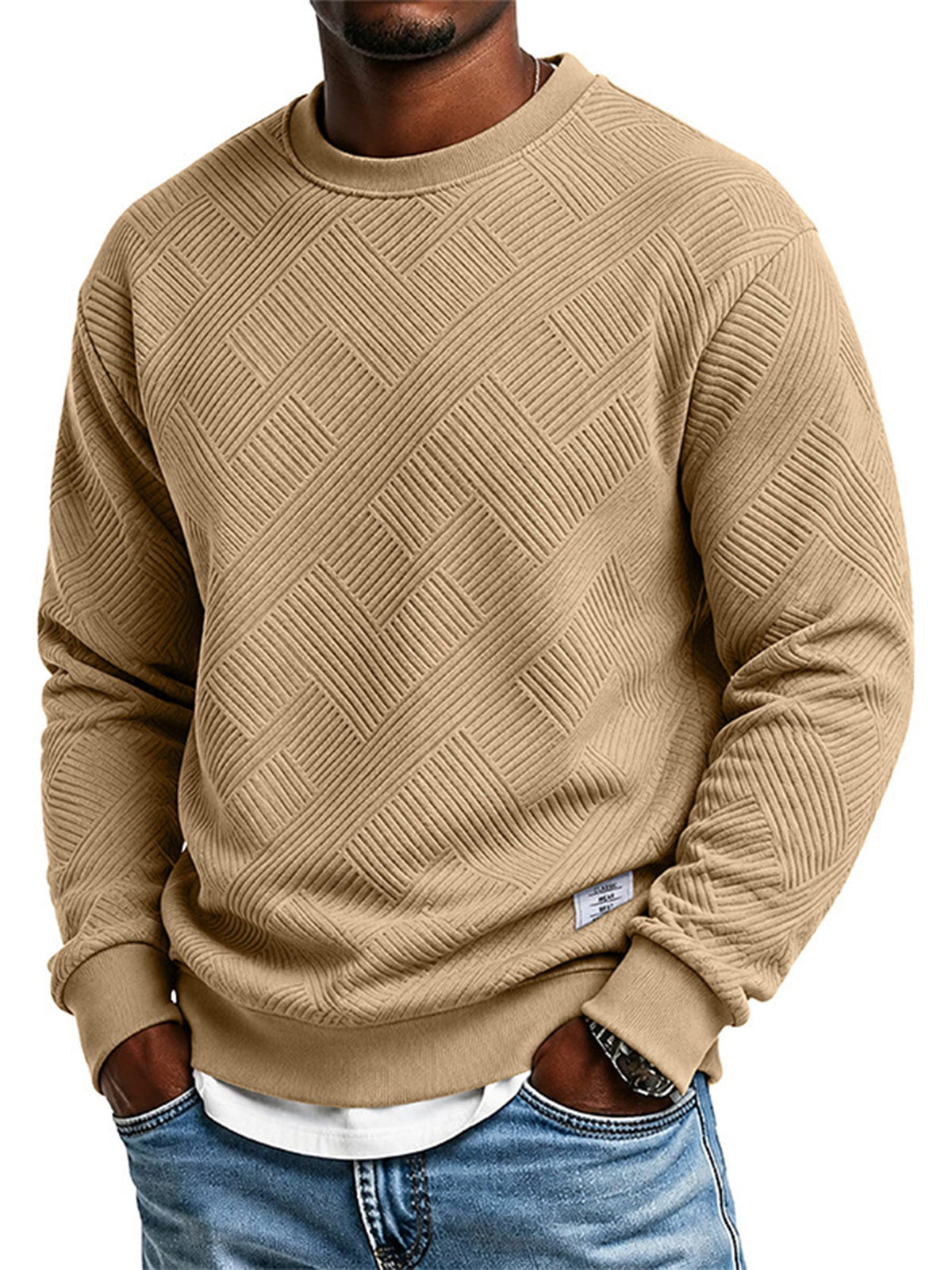 Homme Manches Longues Sweat-shirt Jacquard Col Rond Coupe Ample Épaissi Haut Automne Hiver Grande Taille