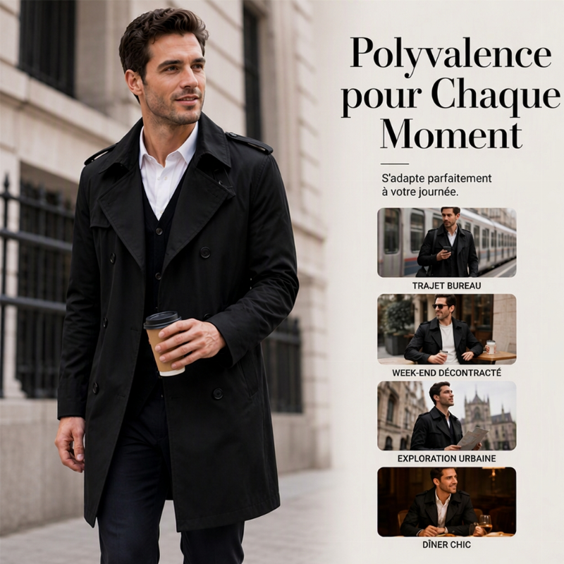 Trench-coat classique pour homme, longueur mi-longue, double boutonnage