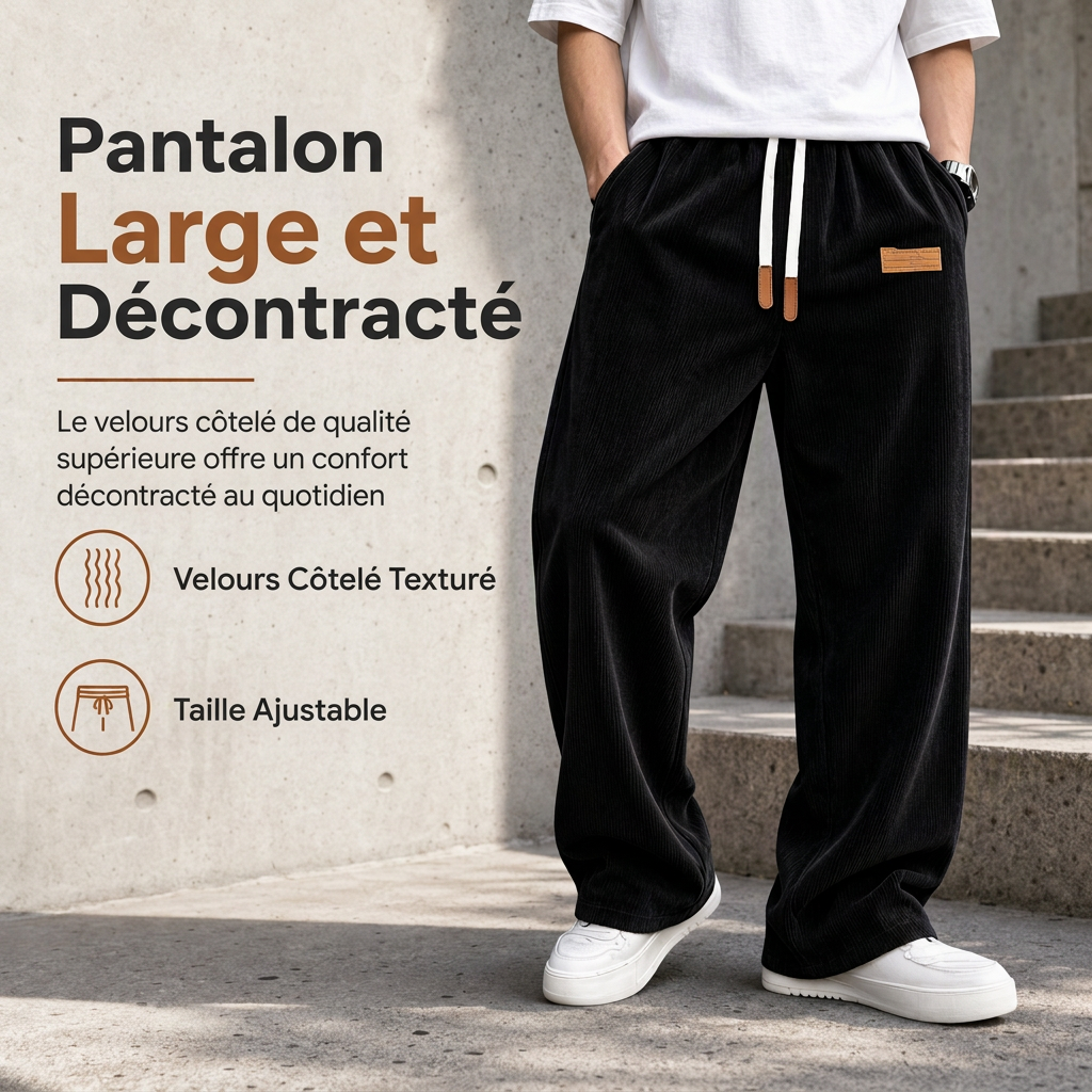 Pantalon décontracté en velours côtelé pour homme, à jambes larges, taille élastique avec cordon de serrage, coupe décontractée et ample