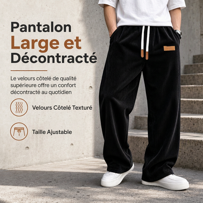 Pantalon décontracté en velours côtelé pour homme, à jambes larges, taille élastique avec cordon de serrage, coupe décontractée et ample